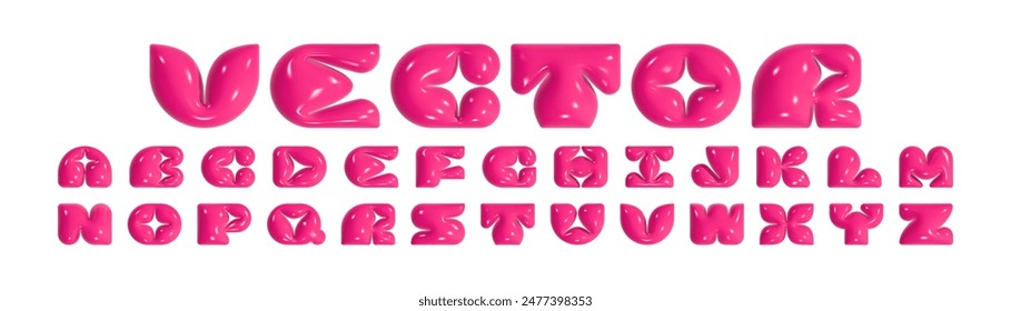 Pink alphabet in Y2K style. 3D rendering of plump letters, plastic glossy reflective texture. Vector illustration on white isolated background.