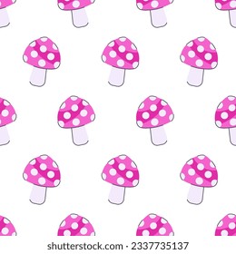 Pink amanita mushrooms seamless pattern. Cute cartoon print with fly agaric. Poisonous mushrooms, ingredient of a witch potion, Halloween background. Vector illustration isolated on white background