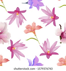 Pink Amaryllis. Pink Magnolia. Purple Magnolia. Purple Hatiora. Vector illustration. Seamless background pattern. Floral botanical flower. Wild leaf wildflower isolated. Exotic tropical hawaiian.