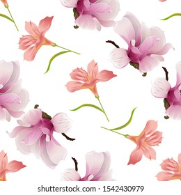 Pink Amaryllis. Pink Magnolia. Vector illustration. Seamless background pattern. Floral botanical flower. Wild leaf wildflower isolated. Exotic tropical hawaiian jungle. Fabric wallpaper print.