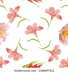 Pink Amaryllis. Pink Peony. Red Heliconia Bihai. Vector illustration. Seamless background pattern. Floral botanical flower. Wild leaf wildflower isolated. Exotic tropical hawaiian jungle. Fabric.