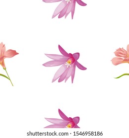 Pink Amaryllis. Purple Hatiora. Vector illustration. Seamless background pattern. Floral botanical flower. Wild leaf wildflower isolated. Exotic tropical hawaiian jungle. Fabric wallpaper print.