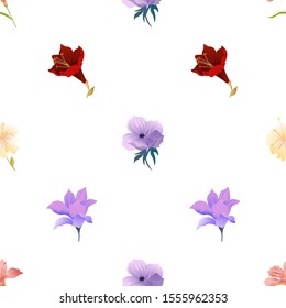 Pink Amaryllis. Violet Anemone. Yellow hibiscus. Purple Amaryllis. Purple Magnolia. Vector illustration. Seamless background pattern. Floral botanical flower. Wild leaf wildflower isolated. Exotic.