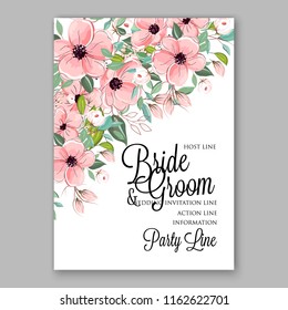 Pink Anemona wedding invitation card template vector floral background