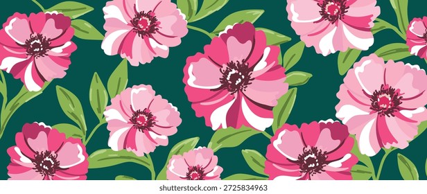 Patrón floral transparente de Vector de flores de anémona rosa con fondo verde azulado oscuro, hojas verdes, acentos magenta. Diseño fresco del fondo del verano de la primavera para el Fondo de pantalla, tela, envoltura, Web.
