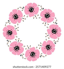 Pink Anemone. Round Wreath. Elegant flowers, perfect for wedding invitations, Valentine's Day cards, and romantic designs. Vector illustration.