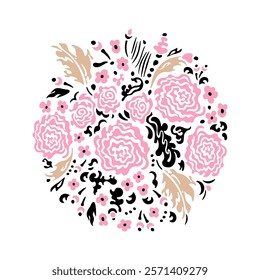 Pink Anemone. Round Wreath. Elegant flowers, perfect for wedding invitations, Valentine's Day cards, and romantic designs. Vector illustration.