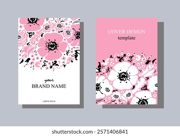 Pink Anemone. Set of two posters. Elegant flowers, perfect for wedding invitations, Valentine's Day cards, and romantic designs. Vector illustration.