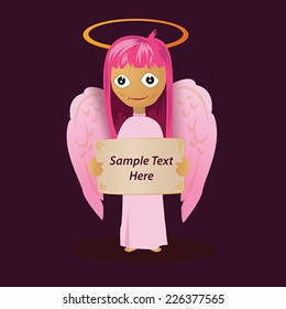 pink angel character with golden halo over her head and tablet in her hand with place for text