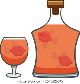 Pink Angelfishes inside of bottle and glass of cognac