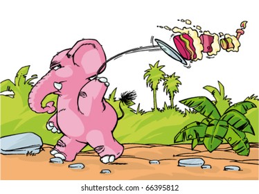 Pink angry Elephant is throwing cake. Cute pink happy birthday elephant vector illustration. Illustration template easy editable for book design.