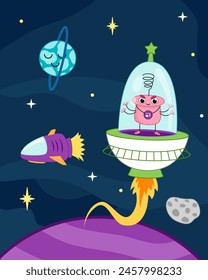 Pink angry space monster in flying saucer in space. Childish space illustration. Cartoon, vector. Isolated vector illustration eps 10