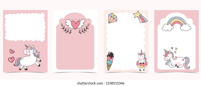 Pink animal collection of unicorn empty frame set with rainbow,diamond.Vector illustration for birthday invitation,postcard,logo and sticker.Editable element