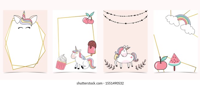 Pink animal collection of unicorn empty frame set with rainbow,cherry.Vector illustration for birthday invitation,postcard,logo and sticker.Editable element