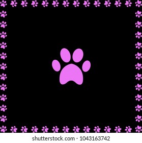 Pink animal pawprint icon framed with paw print square border isolated on black  background. Vector illustration, sign, symbol, logo, label, icon, clip art, banner, poster.