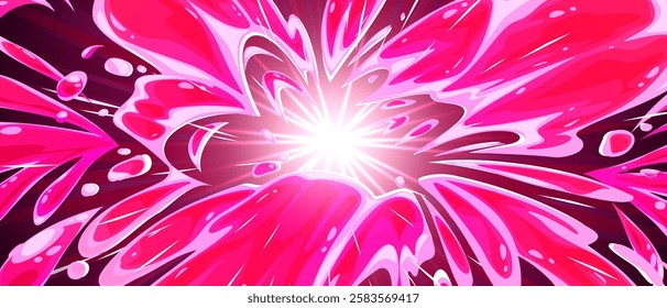 Pink anime explosion background with bright radial blast pattern. Dynamic glowing center bursts outward with neon petals and splashes scattered across dark backdrop. Energetic magic comic effect.