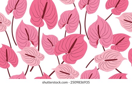 Pink anthurium seamless pattern with flowers, for fabric, textile, apparel, poster, cover, banner, wall art, home decor, abstract background.