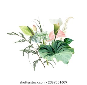 Anturio rosa, lirio blanco, cedro, hortena verde, calatea, ramo de diseño verde. Boda tropical floral. La vegetación exótica de la isla en forma de triángulo. Todos los elementos están aislados y se pueden editar