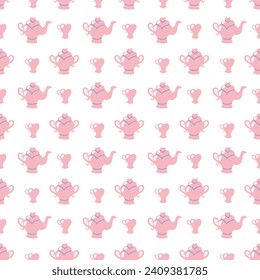 Pink antique teapot, cup and sugar bowl in carton style. Seamless pattern. 