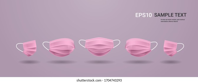 pink antiviral medical face mask protection against coronavirus prevention of virus spreading pandemic covid-19 view from different angles copy space horizontal vector illustration