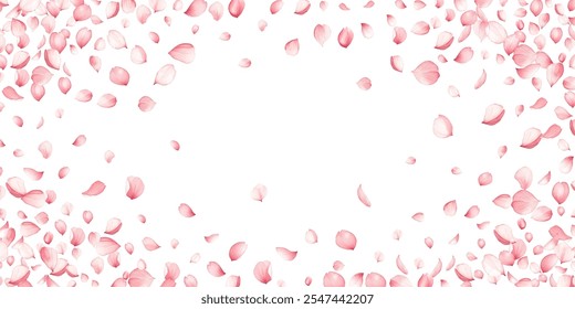 Marco de pétalos voladores de flores de manzana rosa sobre blanco. Fondo de salón de spa de belleza natural. Pétalos de sakura japoneses confeti de temporada, Elementos en flor volando. Diseño de piezas de flores de cerezo en caída.