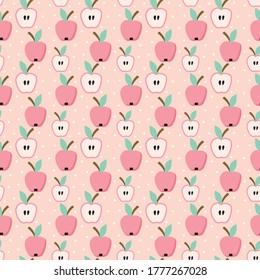 Pink apple seamless pattern with polka dot fillling. Blush and mint sweet fruit repeat design for a baby girl clothes or bedding textile.