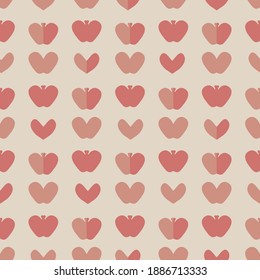 Las manzanas rosadas y los corazones son un patrón vectorial sin fisuras. Diseño de impresión superficial para tejidos, papel de papelería, papel de álbumes, tarjetas de San Valentín, fondos, textiles, papel tapiz y embalaje de productos naturales.
