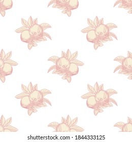 Pink apples seamless pattern on white background. Vintage botanical wallpaper. Hand draw fruit texture. Engraving vintage style. Design for wrapping paper, textile print. Vector illustration