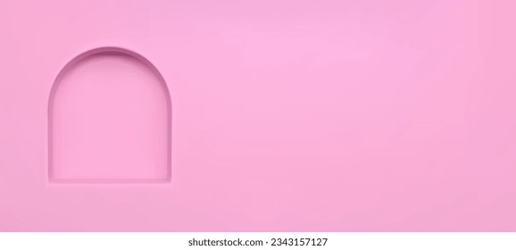 Muro de estantería de nicho de arco rosado para galería o museo. 3d tienda interior con recreo para exposición. Mockup de la plantilla de fondo de cremallera de presentación de publicidad. stand de caramelo abierto en tonos pastel