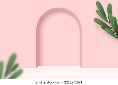Pink arched geometrical 3d background with product podium and leaves.