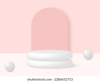 Pink arched geometrical 3d background with product podium.
