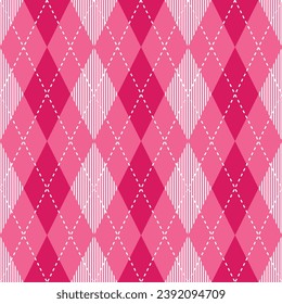 Pink argyle pattern with stripe inside. Argyle vector pattern. Argyle pattern. Seamless geometric pattern for clothing, wrapping paper, backdrop, background, gift card, sweater.
