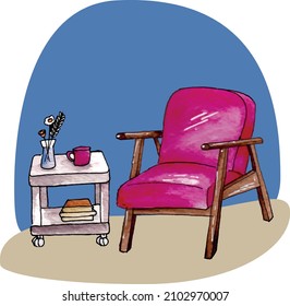 Pink armchair with flower on side table