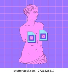 Estatua de Venus de Milo sin brazos de color rosa con dos iconos de error colocados sobre el área del pecho sobre un fondo de cuadrícula púrpura. Ilustración vectorial conceptual para temas de estética clásica censurada por la tecnología retro digital, la nostalgia de Internet, la modestia Y2K y la estética vaporwave en un estilo de arte pop audaz y juguetón.