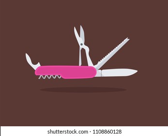 Pink army knife, red multi-tool, multipurpose penknife. Isolated flat vector illustration.