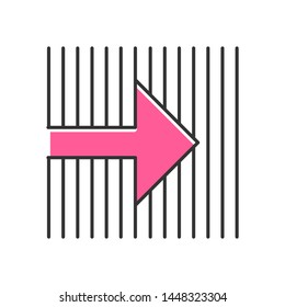 Pink arrow on striped backdrop color icon. Arrow pointing to right direction. Motion. Navigation pointer, indicator symbol. Direction move. Pointing sign. Isolated vector illustration