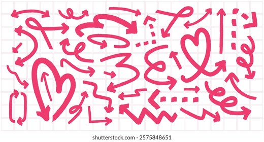 Pink arrows and hearts in various styles on a grid background. Arrows pointing in different directions. Heart shapes and arrows in pink. Decorative pink arrows. Element vector set.