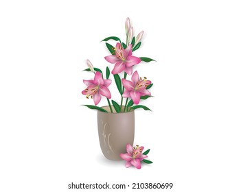 Pink Asian lily flowers bouquet in a brown ceramic vase, isolated on a white background. Vector sketch for interior design, greeting card, advertising of flower shops, other. 