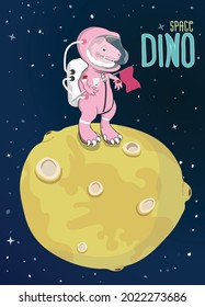 pink astronaut dinosaur standing on the beautiful yellow meteorite in the gloomy planet with group of star, cute images for printing on T-shirts, cartoon character concept on vector illustrator