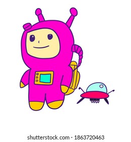 Pink astronaut and little spaceship