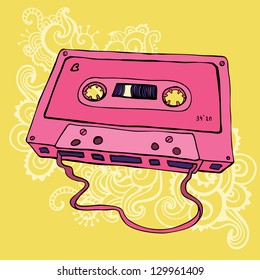 Pink Audio cassette on color background.  Oldschool Vector illustration. Retro cassette tape.