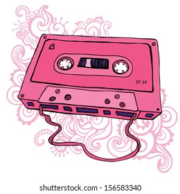 Pink Audio cassette on color background. Oldschool Vector illustration. Retro cassette tape.