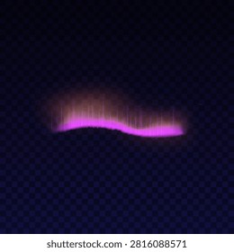 Pink aurora borealis light vector realistic illustration. Northern Polar lights with neon glowing effect on transparent background. Overlay luminance of arctic natural phenomenon. Solar wind shine