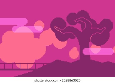 Pink Autumn Atmosphere Pastoral Wood, Pixel Art Style