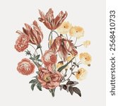 Pink Autumn flower element, isolated vector element. Red floral plant vector. Vintage red botanical flower art drawing illustration, old painting art print of red flowers.