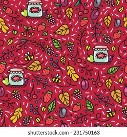Pink autumn seamless pattern with berries and jam.