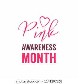 Pink Awareness Month Logo with heart symbol isolated on white