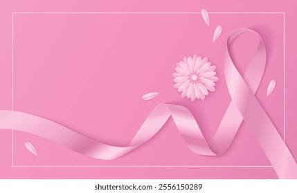 Pink awareness ribbon flowing on rose background with delicate paper cut flowers and leaves. Design symbolizes breast cancer support campaign for medical presentations or health knowledge banners.