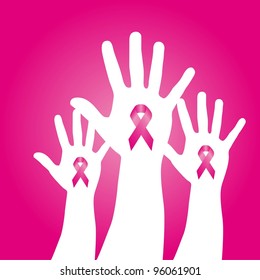 pink awareness ribbons over hands over pink background. vector