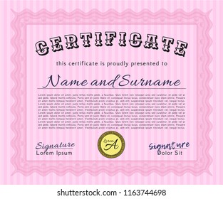 Pink Awesome Certificate template. Artistry design. Vector illustration. With quality background. 